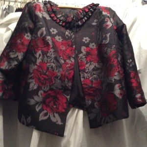 Black Red Grey Woven Satin Rose Cropped Jacket